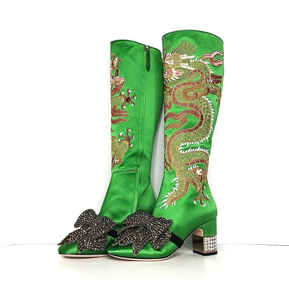 NEW Gucci Candy Dragon Embroidered Bow Crystal Embellished Knee High Boots 36